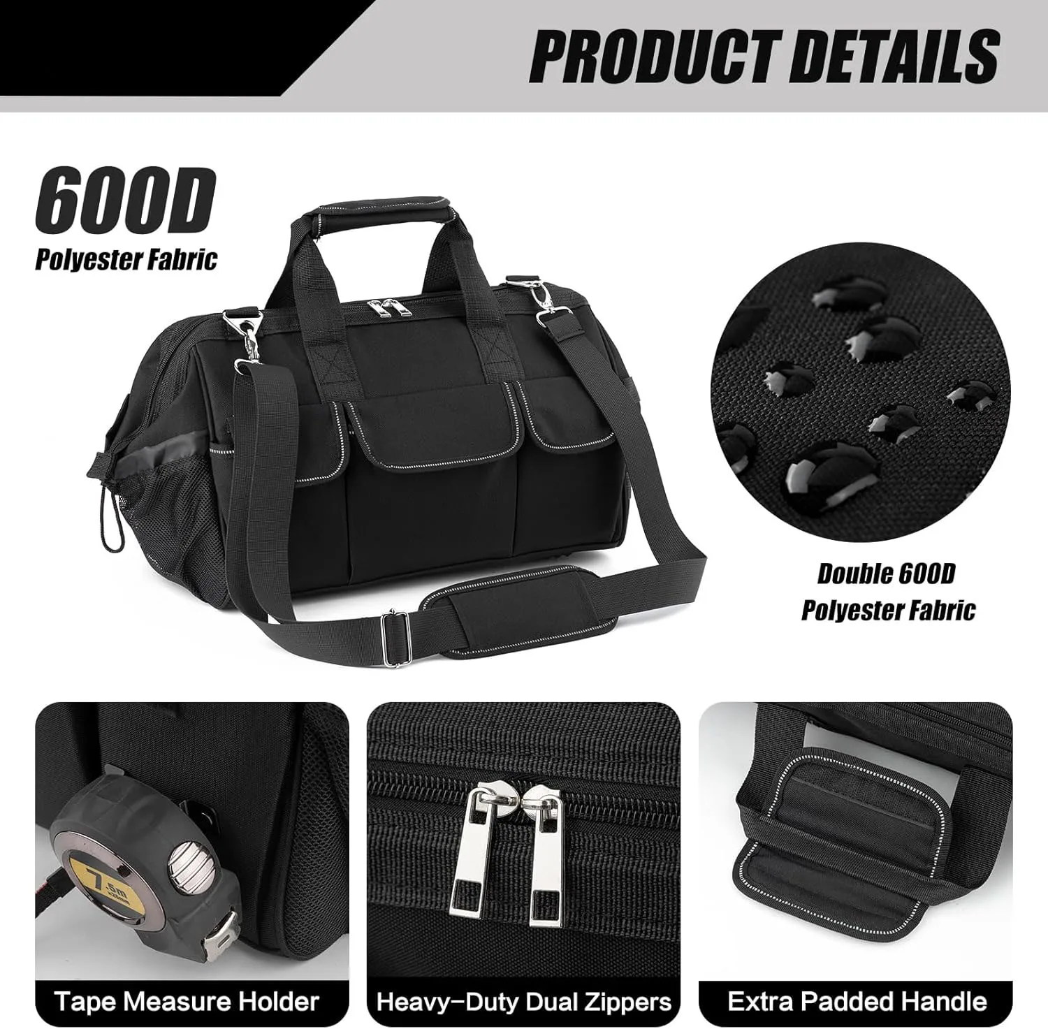 Water-Resistant 16 Inch Foldable Open Top Tool Bag Organizer Premium Durable Electrician Tool Bag