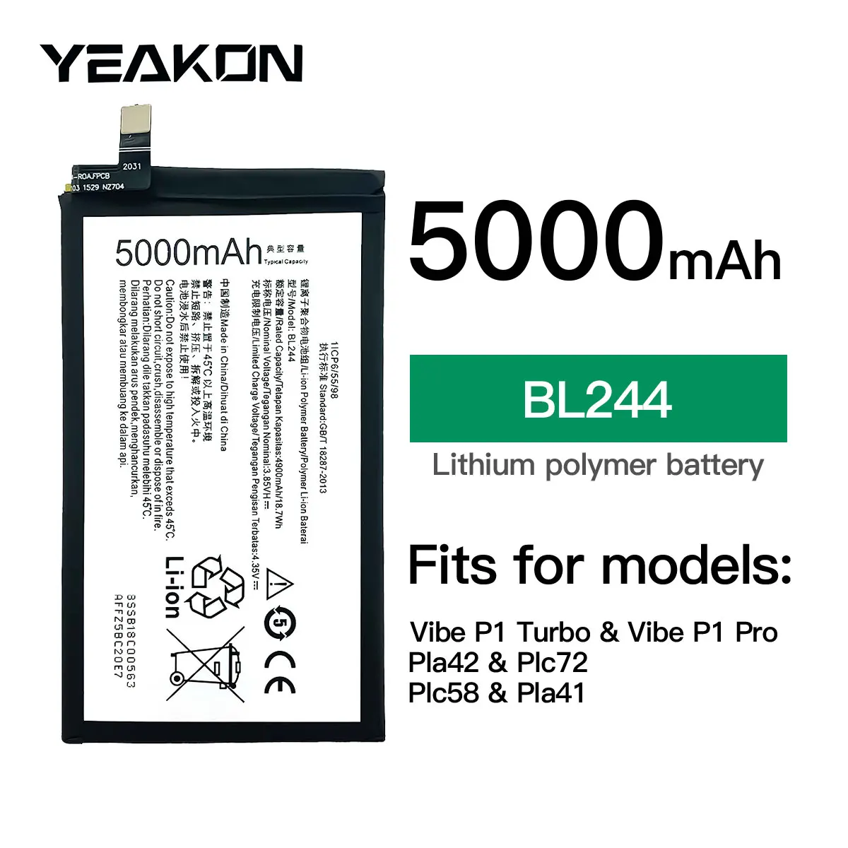 Li-Polymer mobile phone battery BL244 for Lenovo Vibe P1 Turbo & Vibe P1 Pro 3.85V 4900mAh