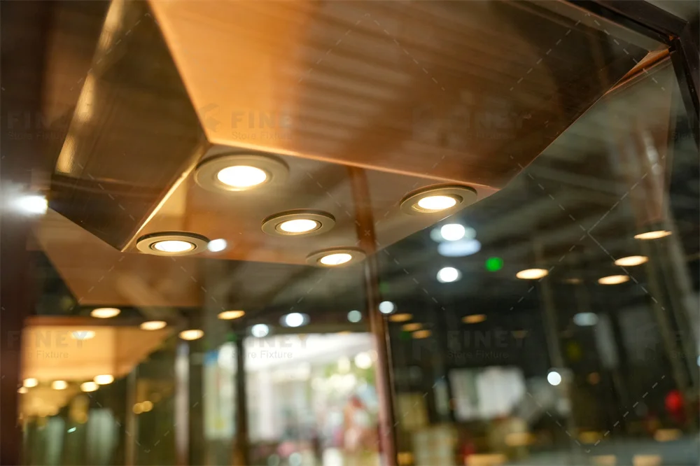 Custom Retail Store Glass Display Interior Kiosk Tempered Glass Vitrine Gold Metal Jewelry Display Showcase For Showroom