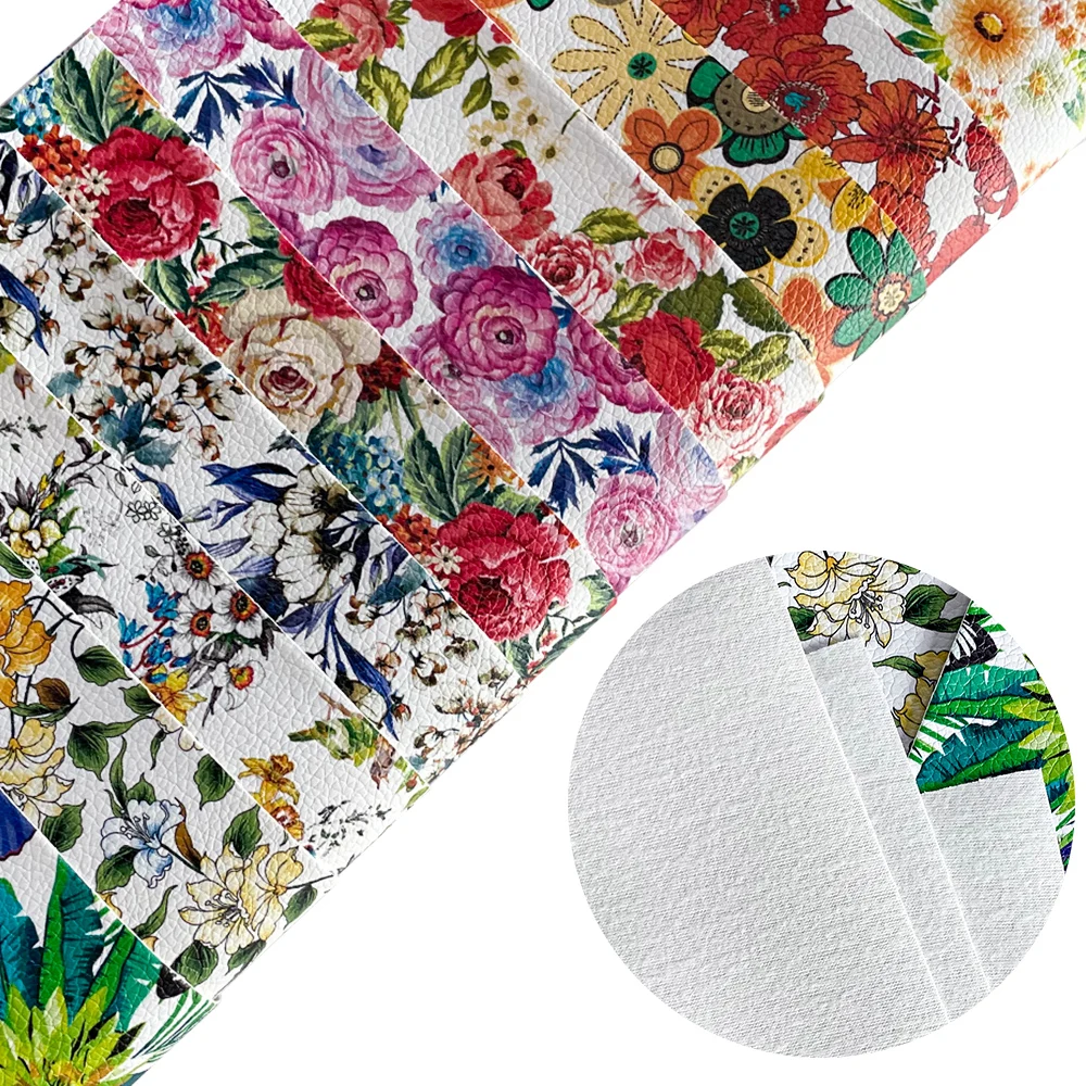 Customizable Leatherette Fabric Flowers Prints Grain PU Artificial Faux Leather Textured Polyester Fabric For Bows/DIY Crafts