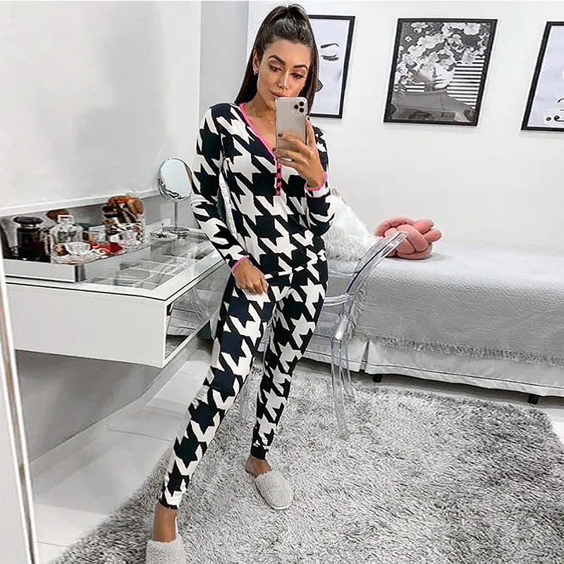 Wholesale Buffalo Plaid Womens Two Piece Pajamas Adult Suit Warm PJ Long Lounge Wear For Autumn
