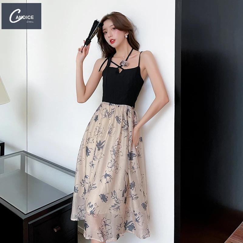 Candice influencer A line print knitted sexy suspender two piece set dress with cardigan