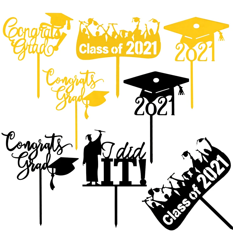 Gold Black Graduation Acrylic Cake Toppers Class Of 2021 Bachelor Cap Cake Toppers Congrats Students Graduation Supplies