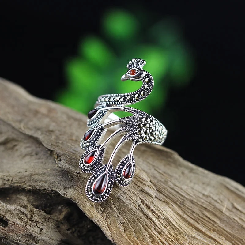 Custom 925 sterling silver colorful gemstone peacock princess design fashion bridal jewelry marcasite ring for women