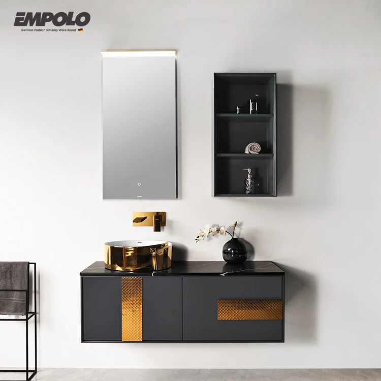 Foshan single sink wash basin bath room vanity set storage bathroom cabinet black with mirror