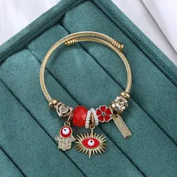 Wholesale Crystal Beads Adjustable 18K gold Plated Stainless Steel Bangle Pink  Children Charm Jewelry Kids Evil Eye Bracelet