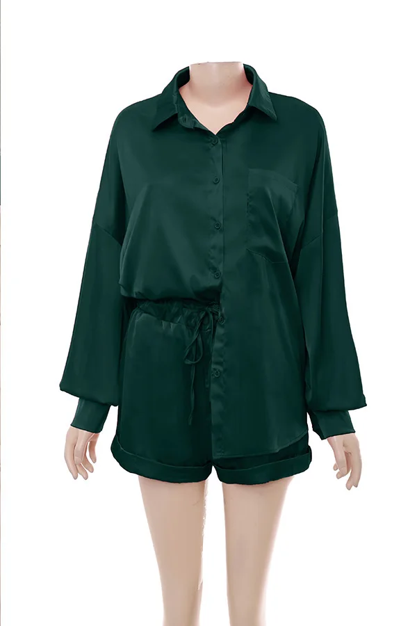 Summer High elastic satin shoulder-length sleeve top with wide-leg short pant two-piece suit