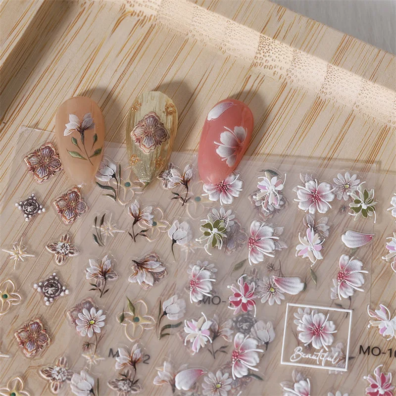 5D Engraved Tulip Nail Art Stickers Pink White Floral Flower Acrylic Embossed Sliders Summer Nail Manicure Deco