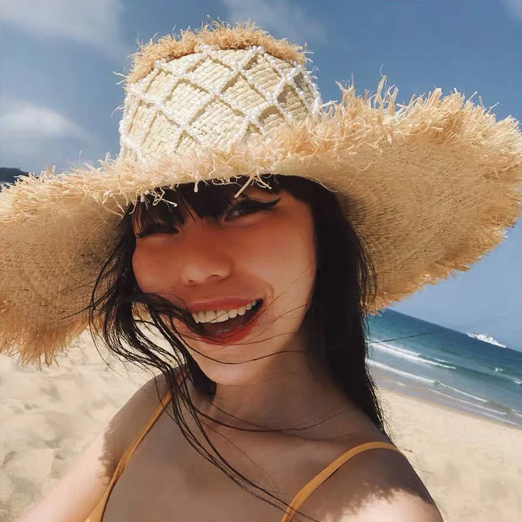 Женская шапка в стиле ins, летняя шапка ручной работы с жемчугом, праздничная пляжная Соломенная Шапка с большой рафией и жемчугом, новинка 2021