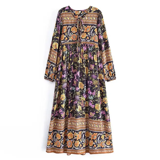 Customization Summer Bohemian Women Vacation Casual Breathable Loose Long Sleeve Midi Floral Dress