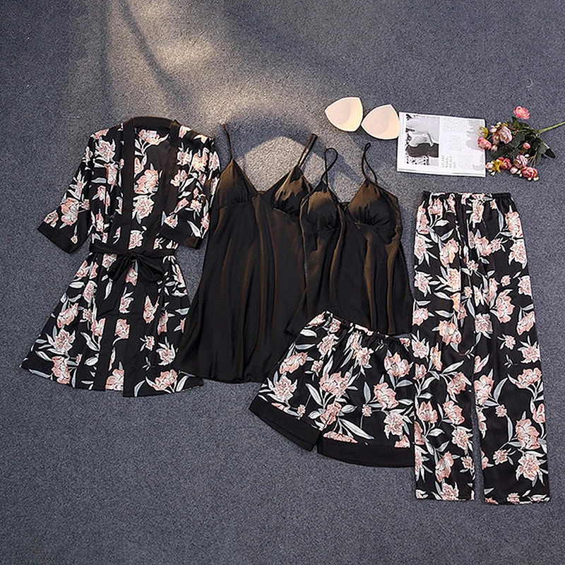 Pajamas Sets Flower Print Nightwear With Pants Sexy Pijamas Woman Satin Negligee Sleepwear