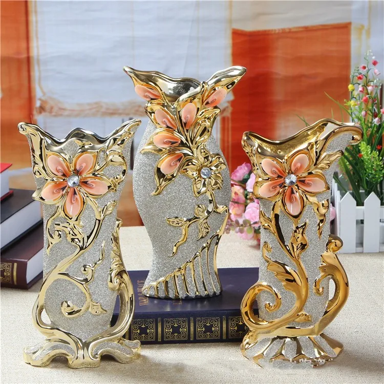 chaozhou luxury ceramic vase with metal gold flower embossed rustic flower vase for home weeding table decor