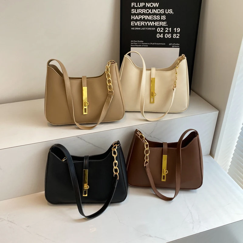 Student casual temperament simple retro shoulder bag Solid color fashion lock buckle shoulder simple commuting shoulder bag