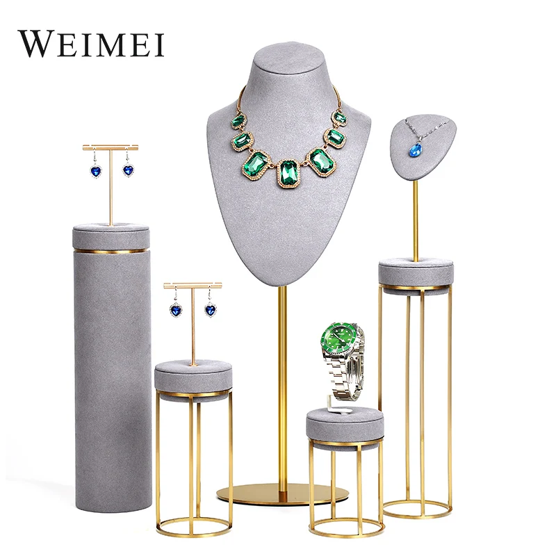 Weimei Beige microfiber and metal Jewelry Stand For Counter Showcase Ring Bust Necklace Bangle Bracelet Jewelry Display