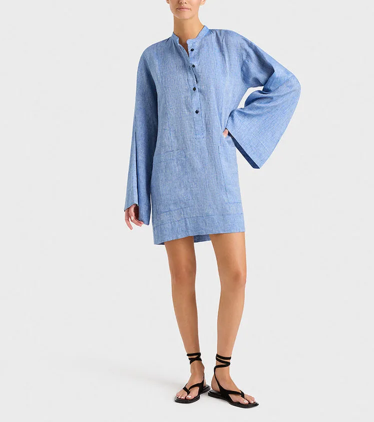 Custom Ladies Loose Fit Button Design Linen Short Dresses Casual Flared Sleeve Patch Pocket Beach Dresses Women Vacation Dresses