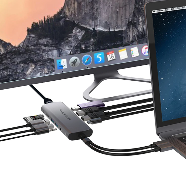  Pulwtop Ультратонкий алюминиевый usb-c док-станция премиум класса dual 4k hub usb 3 0 и