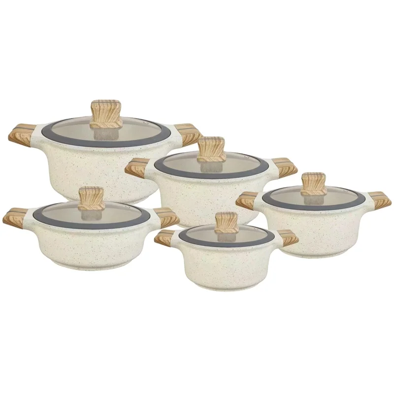 STOCK 10pcs white non-stick cookware set casseroles with silicone glass lid wooden side ears kitchen use