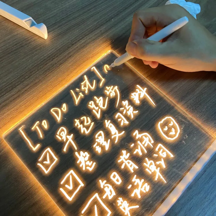 Hot Sale Blank Clear Desktop Note Memo Acrylic Dry Erase Colorful Led Light Up Board With Wooden Stand Acryl Message Board