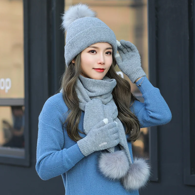 Зимняя вязаная шапка, шарфы, шаль, палантины, варежки 3 шт./компл. для мужчин, шерстяная однотонная женская шапка с помпоном, облегающие перчатки, шарф с меховым помпоном