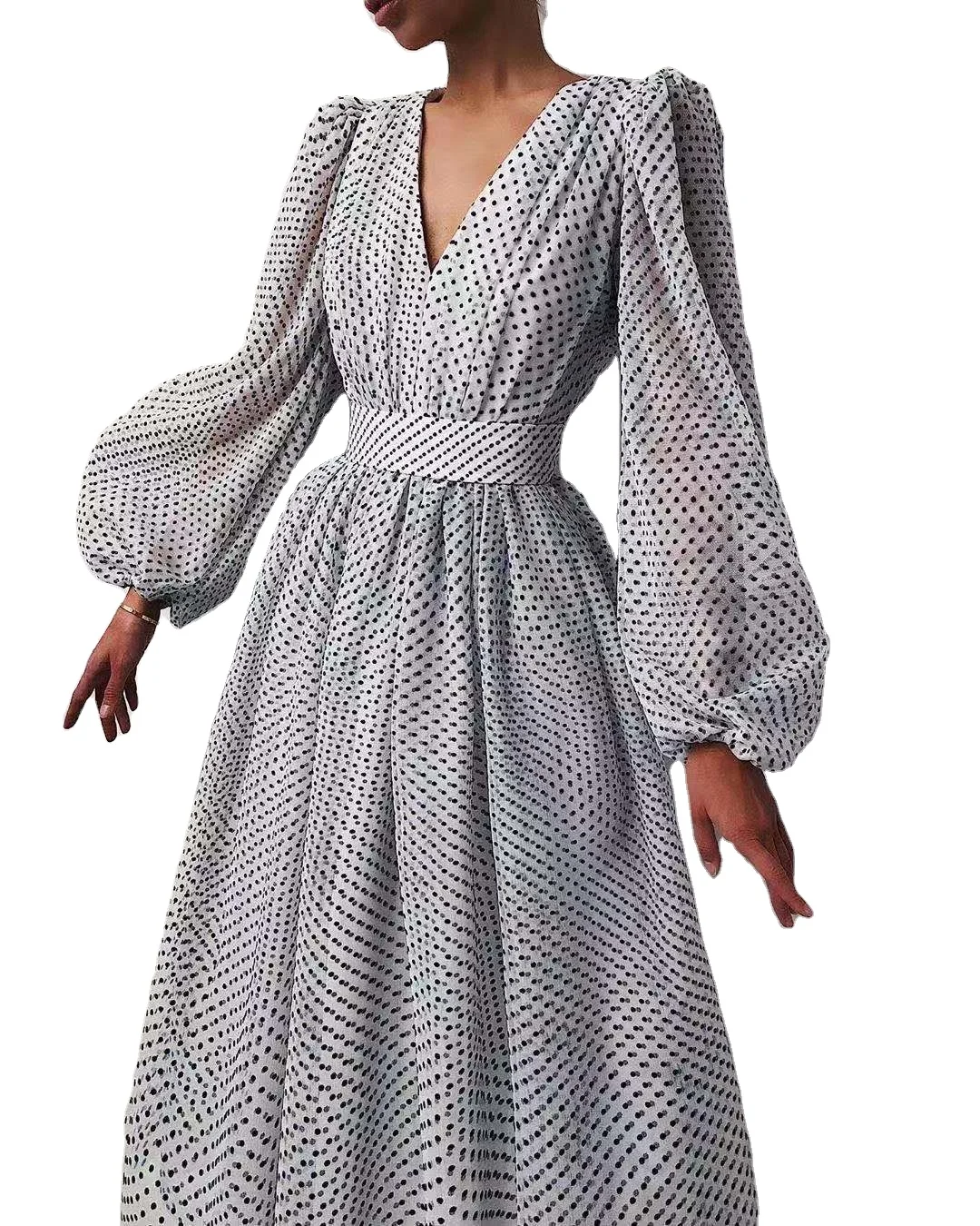 High Quality Fashion V Neck Long Sleeves Polka Dot Print causal  Maxi Long Dress For Women