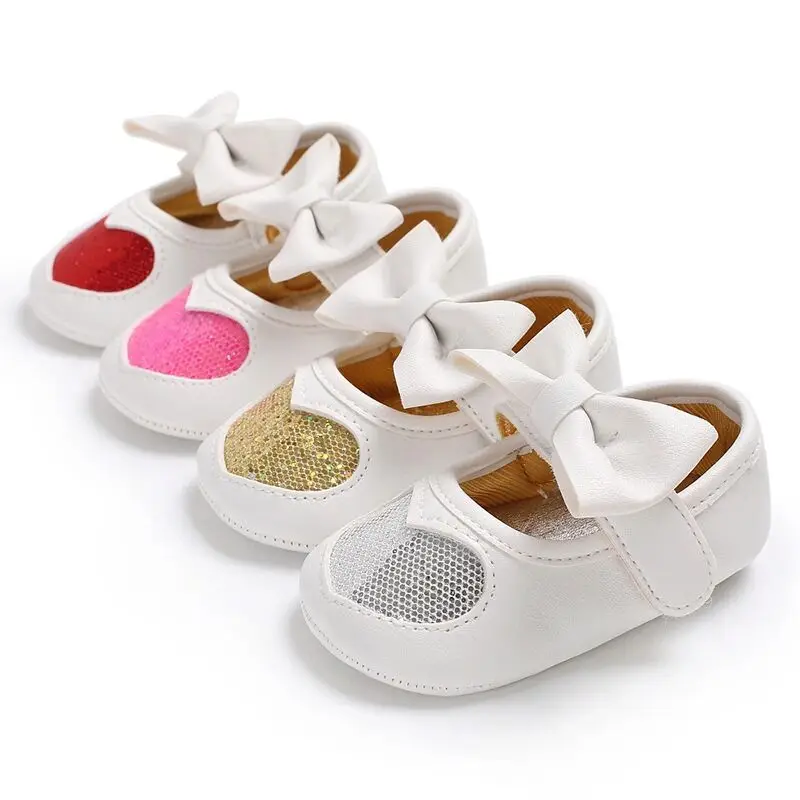 White Glitter Heart Kids Girls Mary Janes Newborn Baby Shoes with bow