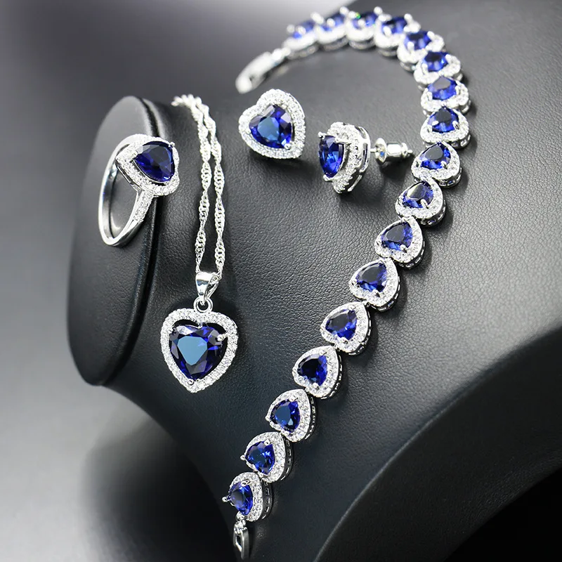 Elegant Blue Zircon Necklace Earrings Wedding Jewelry Sets Birthstone Bangle Bridal Jewelry Sets For Women