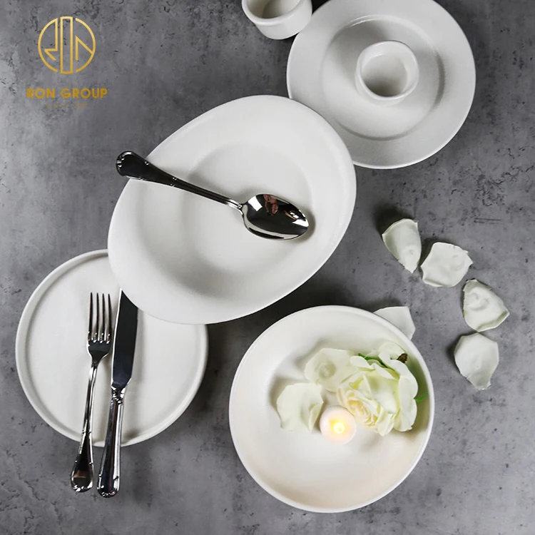Hot selling unique matte white color frosted triangular shape dinner charger plate for steak pasta sushi ceramic narrow plate