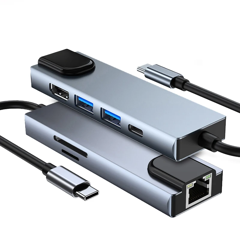 FARSINCE 6 in 1 hub with ethernet adapter USB type C to HDMI RJ45 USB3.0 SD TF  PD USB C docking station