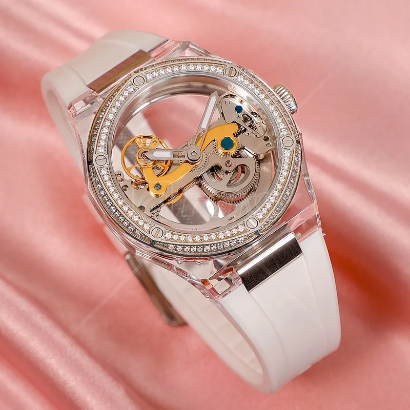 Bling Female Transparent Red Rubber Silicone Hand Square Wrist Luxury Automatic Mechanical Lady Watch Women