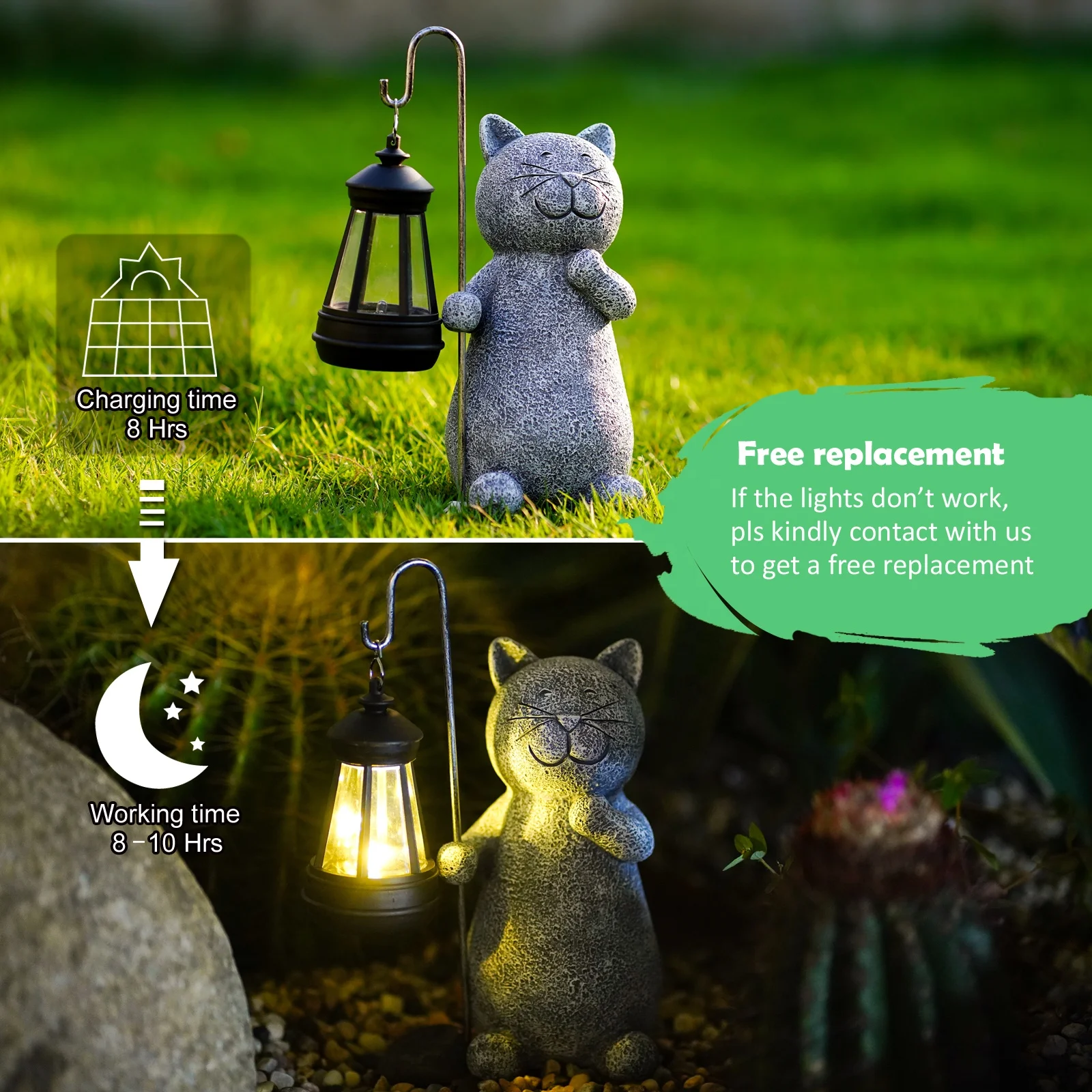 BSCI Factory Solar Garden Statue Cat Figurine with Solar Lantern for Patio,Balcony and Yard Decoration