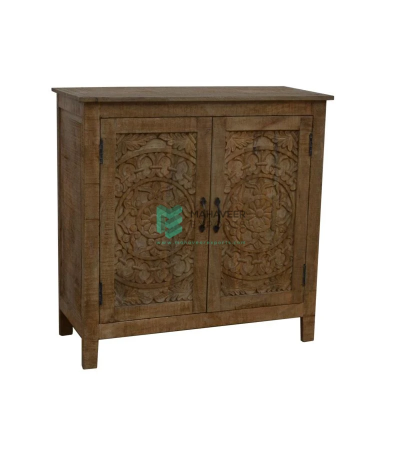 High Quality Two Door Floral Carved Sideboard Natural Rustic finish