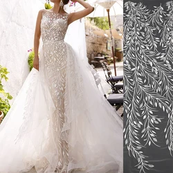 Leaf Branch Colour Custom Bridal Sexy Ivory White Exquisite Wedding Dress Design Sequin Tulle  Embroidery Lace Fabric