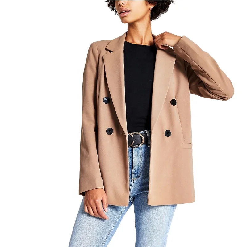 Custom ladies women casual suits jacket beige double breasted boyfriend blazer