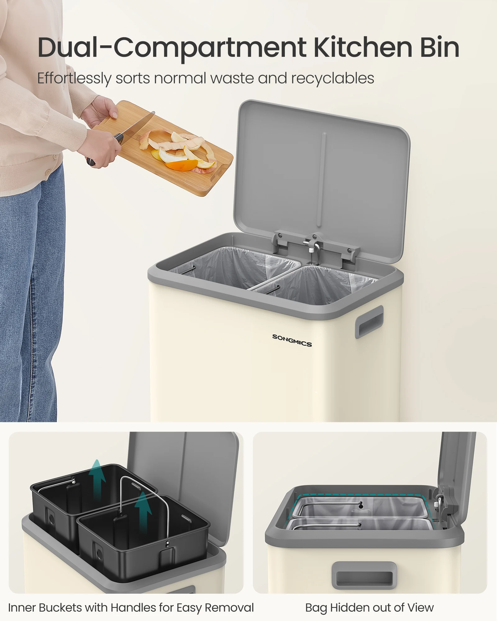 SONGMICS Custom Steel 2 x 15L Rubbish Trash Can Household Double  waste Recycle bins Soft Close Pedal Bin