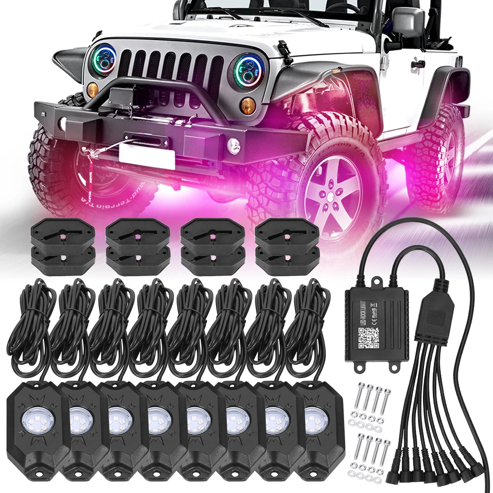 RGB Rock Light Kit Neon Underglow MusicWaterproof 12V With App/Blutooths Rock Lights For Jeep Offroad Atv Utv Suv