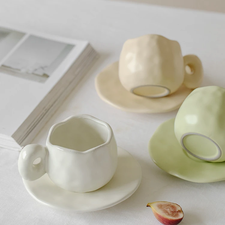Aesthetic Ins Style Ceramic Coffee Mug with Saucer Handcrafted Irregular Textured Milk Tea Cup Set Best Gift for Coffee Lovers