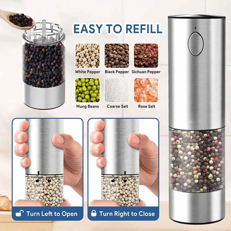 Stainless Steel Automatic Electric Salt and Pepper Grinder New Smart Rechargeable Mills With Adjustable