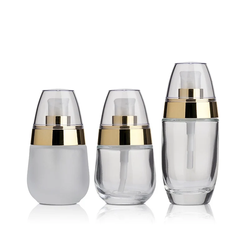30ml Empty frosted matte glass pump bottle with aluminum line and lid Unique luxury cosmetic cream jar Lotion container