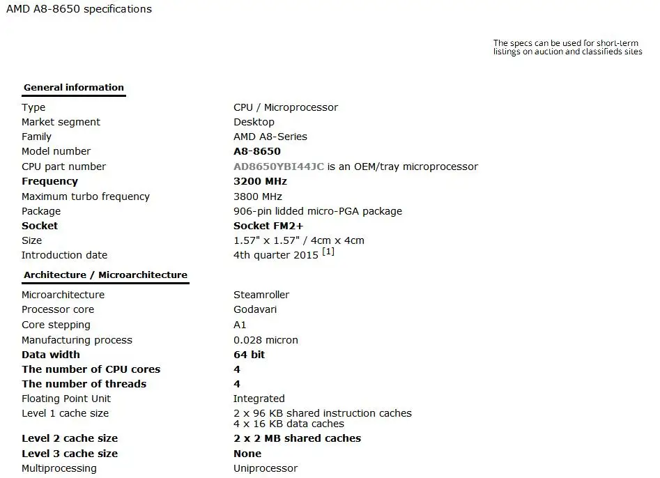 AMD A8 8650 A8-8650 3.2GHZ Quad-Core CPU Processor Desktop 65W Socket FM2+ Free Shipping BRAND