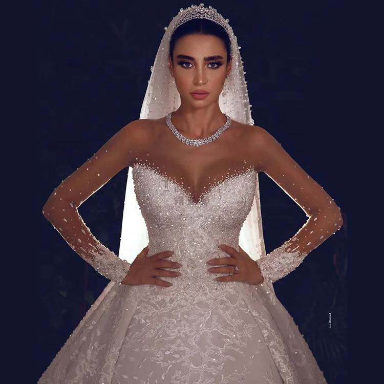 Oceanlux  Dresses Turkey Istanbul China Manufacturer Long Tail Ball Gown Wedding Dress Long Sleeves  Women Dresses