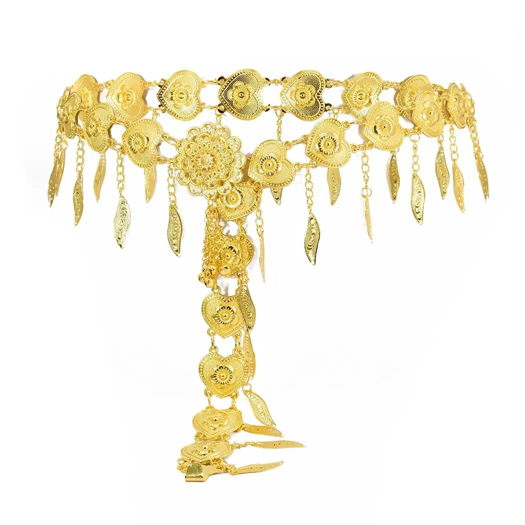 Indian Golden Love Tassel Dance Heart Waist Chain for Woman Leaf Tassel Body Chain