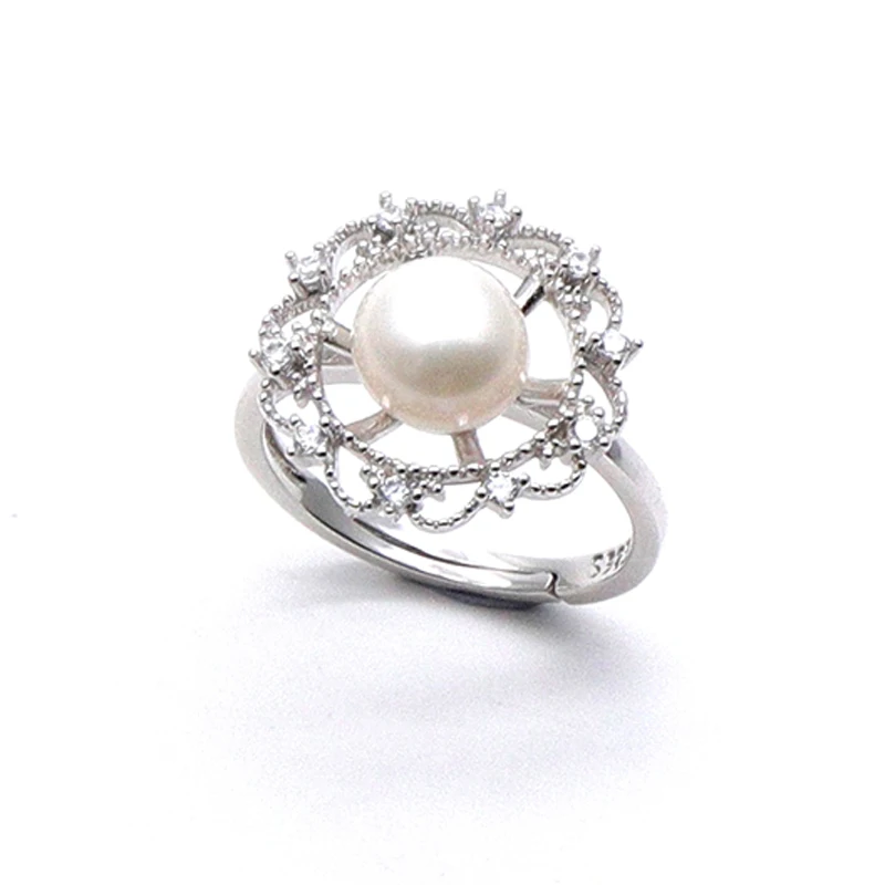 Fashion Jewelry Elegant Round Pearl flower design Ring for Girls 925 sterling silver Zircon ring for brides wedding ring