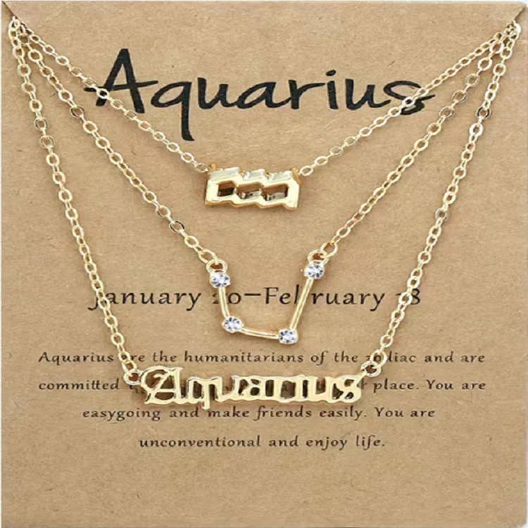 Amazon Hot sale Fashion Jewelry Gold plated 12 Zodiac Signs Retro Alphabet Symbol Three Layer Card Necklace
