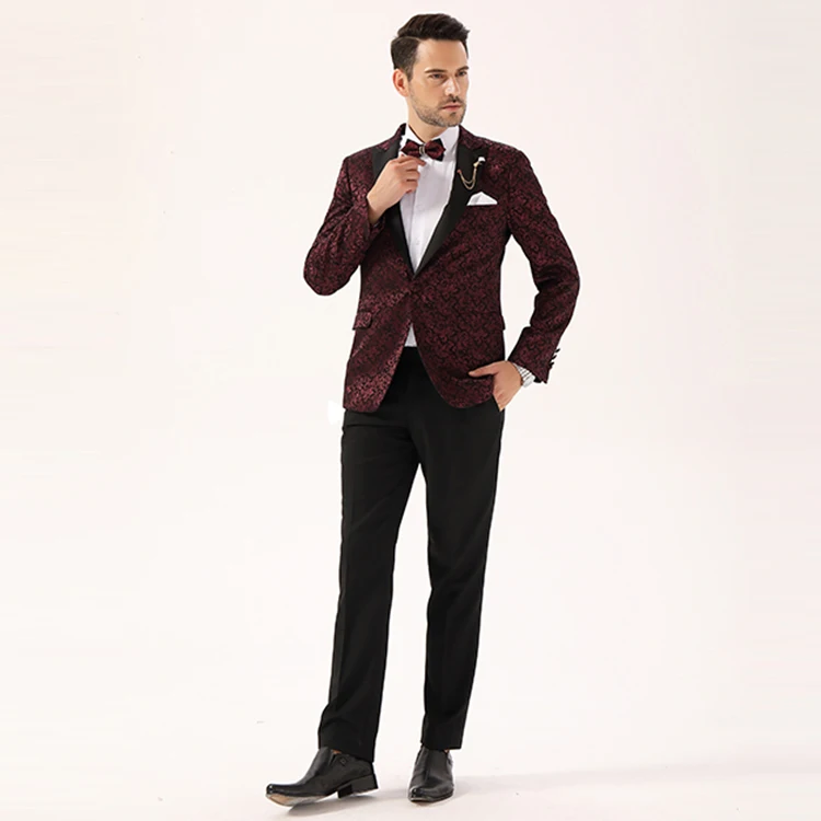 Пиджак мужской с цветочным принтом, модная Банкетная одежда, Узкий блейзер с воротником-шалью, бордовый