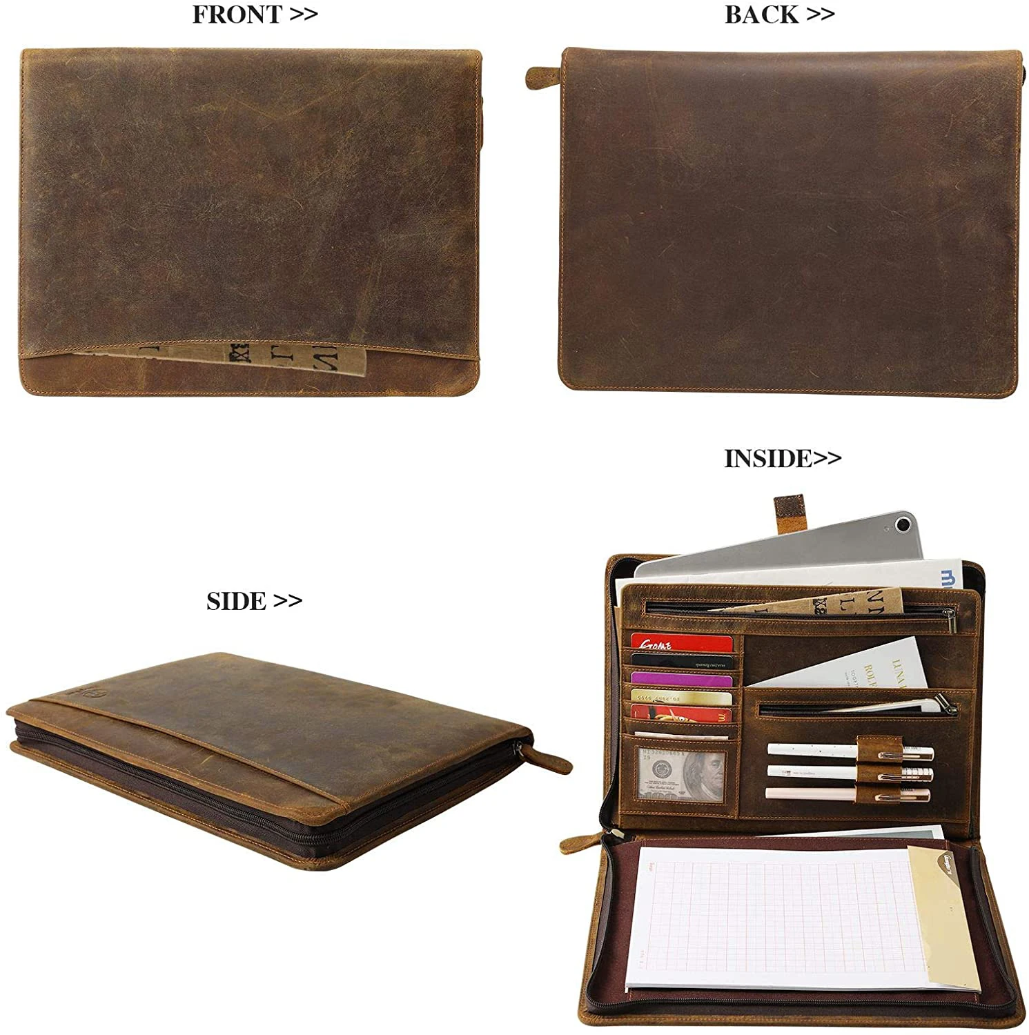 Custom Water Resistant Padfolio Portfolio Genuine Leather Binder Business Folder Resume Document Organizer Notebook with Zipper