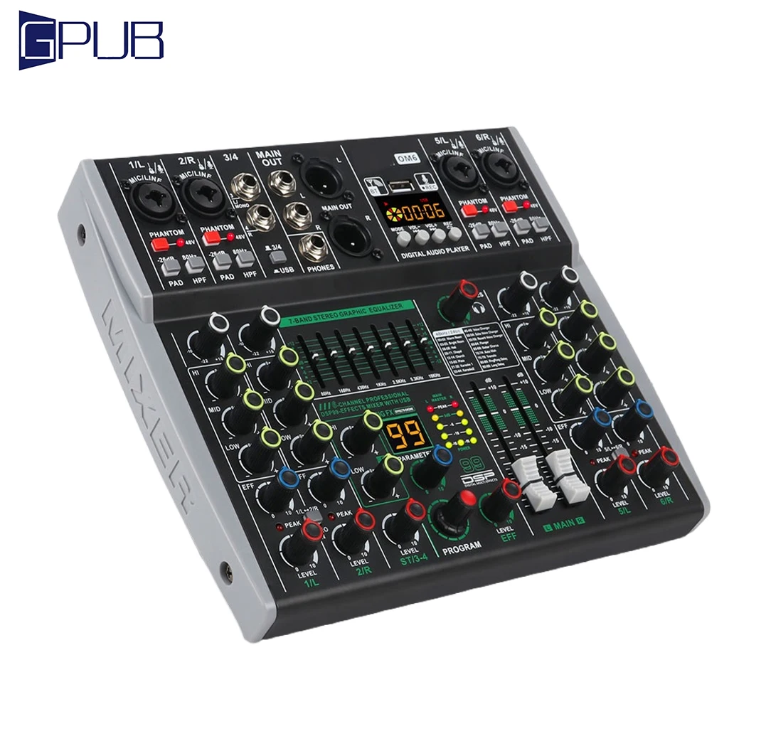 XTUGA OM6 Professional 6 Channel Audio Mixer Mixing Console DJ Controller Audio Console Mixer for Built-in 99 DSP Effect