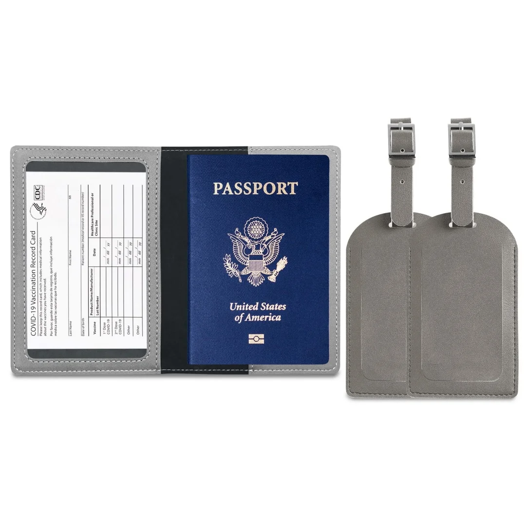 Promotional gift souvenirs travel grey luggage tags bulk light grey letter passport cover with luggage tag