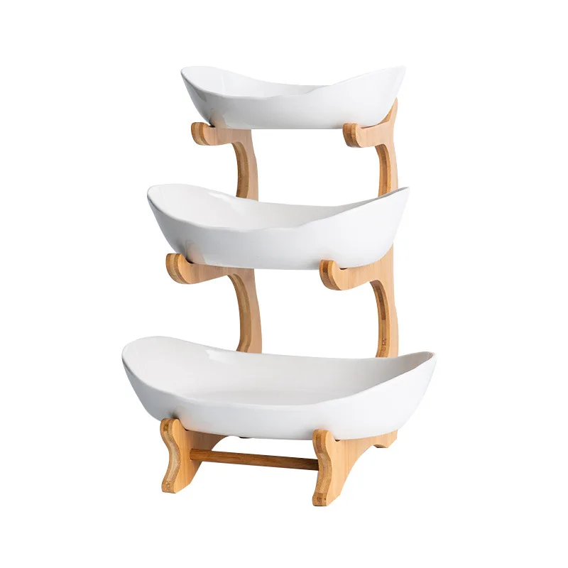 Bamboo Wooden Racks 3 Layers Food Container Dish Pottery Ceramic Plate for Salad Vegetable Fruits Nuts Snacks