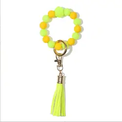 Wristband Keychain Wristlet Bangles Holder Pendant Fluorescent Tassel Key Chain Wrist Keyring Silicone Bead Bracelet