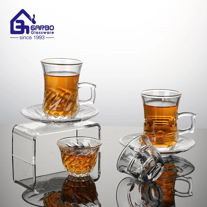 Arabic style hot selling new design tea glass with tray fancy engraved tea glass set high quality transparent drinking glass